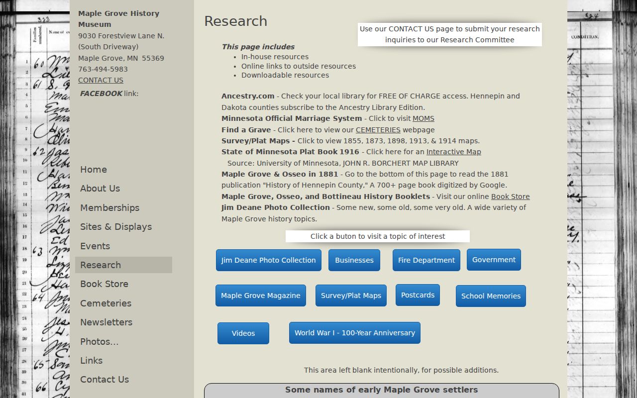 Maple Grove city directory research resources on the local history page