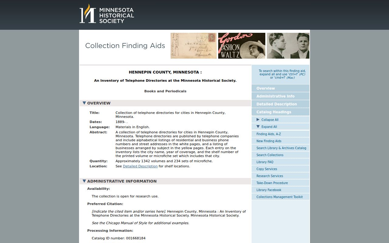 Maple Grove city directory telephone holdings in the MNHS finding aid