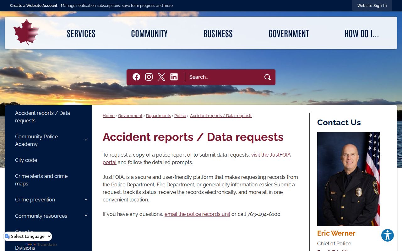 Maple Grove residents directory view of the city data request access page
