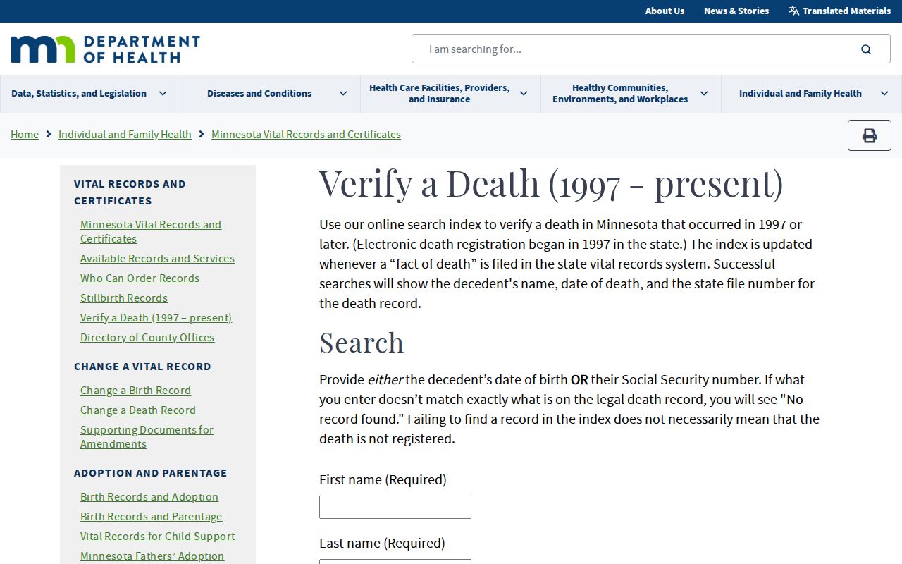 Maple Grove resident lookup through the Minnesota death verification search