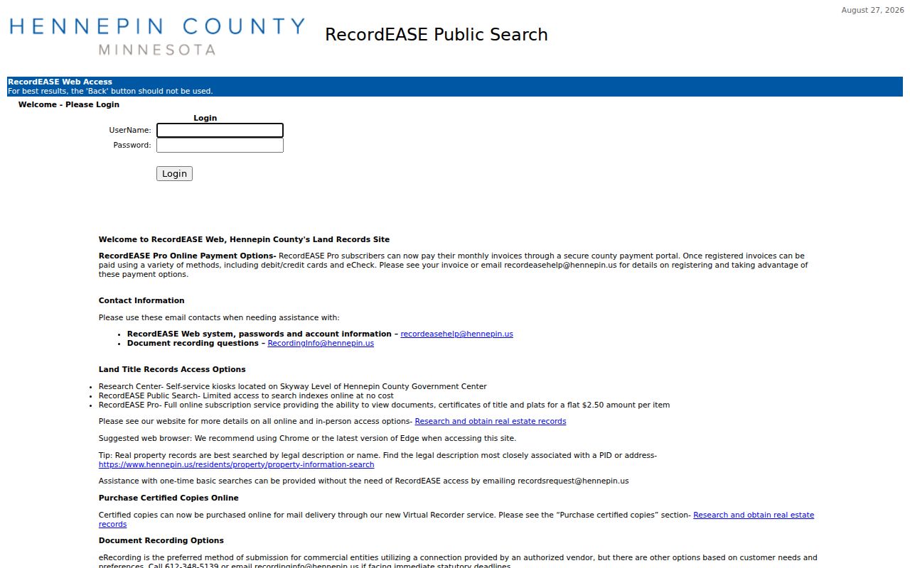 Maple Grove street directory RecordEASE deed index access screen